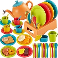 AOLEVA Pretend Play Kitchen Accessories, Children Tea Set Toy, Play Cutlery Dishes Plates Set and Play Food Set Gifts for 3 4 5 Year Old Kids Boys Girls
