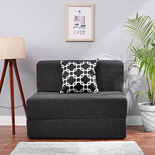 Image of Convertible Fabric Sofa Cum Bed | Foldable Double Foam & Washable Cover with Cushions | Modern Design Use Living Room & Guest Room (Dark-Grey-Multi-Chain, 3X6 Ft)