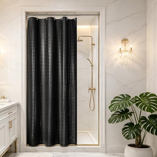 Image of Barossa Design Black Stall Size Shower Curtain Liner 36 inch W x 72 inch H - Waterproof PEVA Plastic Shower Liner for Small Bathroom Stall, Lightweight, 3 Magnets & Metal Grommets - Dimensional Black, 36x72