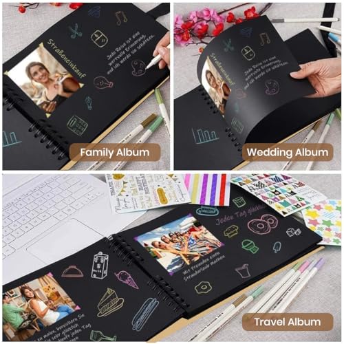 Image of HASTHIP DIY Photo Memory Scrapbook Kit with Spiral Album, Cover Window, Stickers & Metallic Pens for Personalized Travel, Wedding, and Celebration Keepsakes