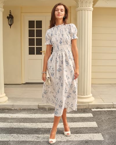 Image of RIHOAS Plaid Gingham Midi Dress Short Sleeve Smocked Dresses for Women | Cotton,Ruffle Puff Sleeves,Vintage Brown,Spring Summer Casual Daily,Picnic,Travel,Vacation,Christmas Festive Occasions