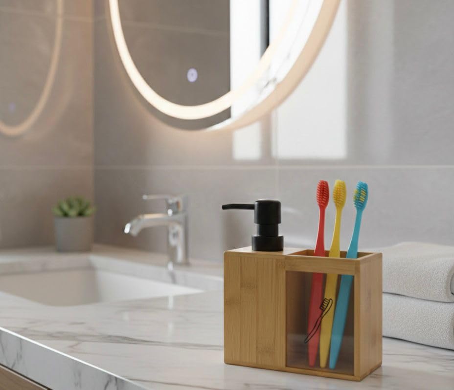 Barotti Bambu 2'li Banyo Seti, Mat Siyah Detaylı Sıvı Sabunluk ve Diş Fırçalık, Modern Tasarım, Doğal Bambu Malzeme, Tezgah Üstü Banyo Aksesuarları