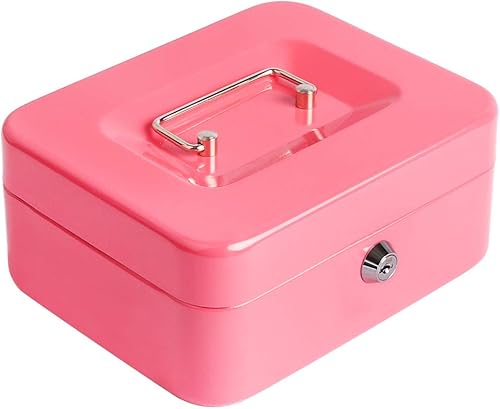 Decaller - Caja de efectivo con bandeja para dinero, cierre de metal con cerradura para seguridad, 19,8 x 17,2 x 9,14 cm, color rosa