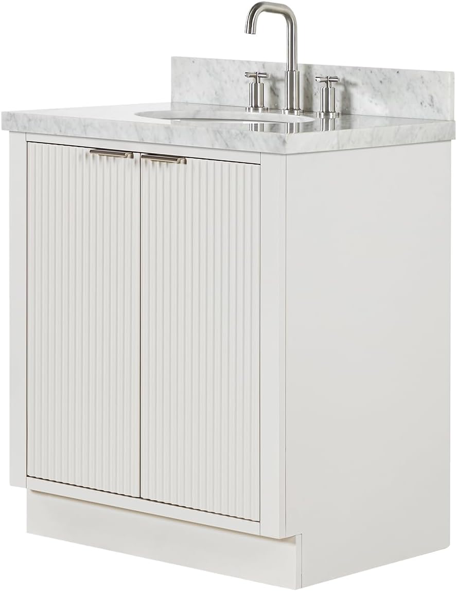 ARIEL Milan 30-inch Bathroom Vanity with Sink,Solid Wood, 1.5-inch Italian Carrara Marble Countertop & Backsplash, Single Rectangular Porcelain Sink, 2 Soft Closing Doors, Brushed Nickel, Warm White
