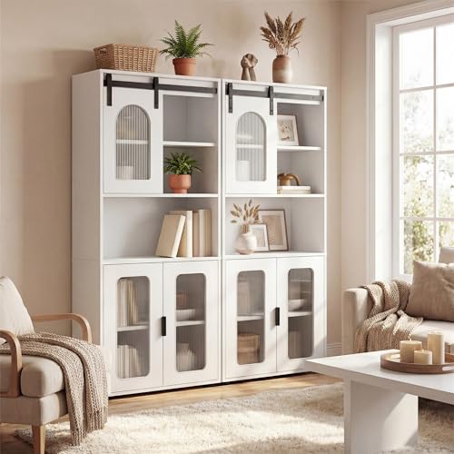 Image of Tangkula 59 inch Tall Bathroom Floor Cabinet, Freestanding Storage Cabinet with Sliding Barn Door & Open Shelves, Farmhouse Bathroom Storage for Kitchen, Living Room, Dining Room (White, 59 inch H)