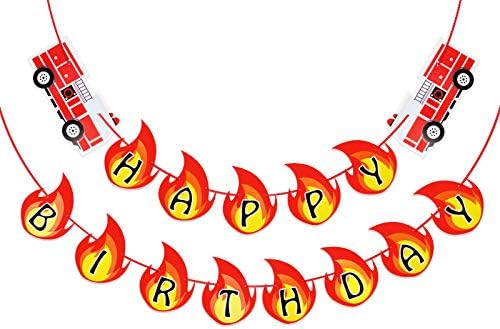 Firetruck Happy Birthday Banner for Firetruck Themed Party Decorations, Fireman Birthday Party Supplies, Fire Engine Rescue Theme Party for Kids (Red)