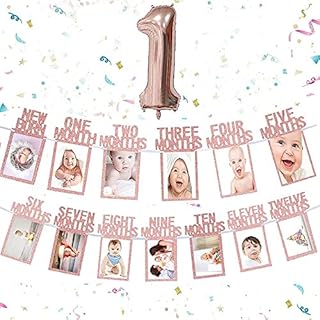 1st Birthday Baby Photo Banner for Newborn to 12 months, Monthly Milestone Photograph Bunting Garland, First Birthday Celebration Decoration with A NO. 1 Rose Gold Balloon