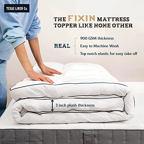 Texas Linen Co. Full Cooling Mattress Topper, Pillow-Top Optimum Thickness, Soft 100% Cotton Fabric, Breathable & Plush Quilted Down-Like Fill, Snug Deep Pocket Fit #TOP2