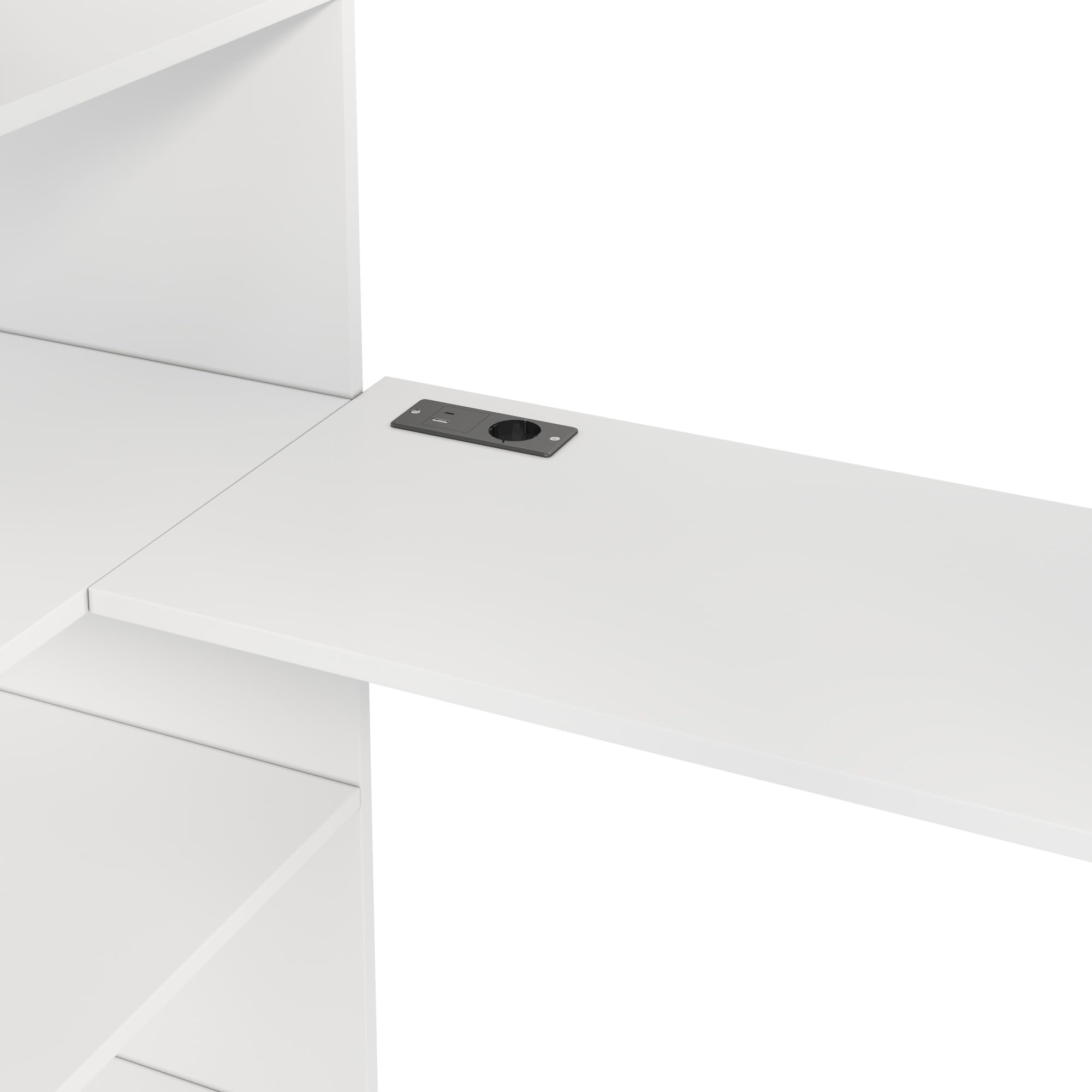 Lit Mezzanine 90 x 200 cm avec Penderie, Lit en Hauteur avec Éclairage LED et Port USB, Bureau et Étagère Ouverte à 4 Niveaux, Banc de Rangement, Barrières de Sécurité, Blanc-B