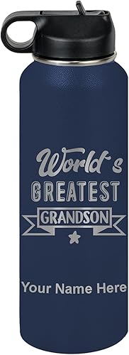 Miniatura 47 de LaserGram Personalized Water Bottle, World's Greatest Grandson, Stainless Steel Double Wall Vacuum Insulated with Flip Top Straw, Custom Engraved