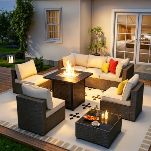 Ophelian Outdoor Wicker Patio Furniture Set with Fire Pit Table Sectional Sofa Set Conversation Set with Comfy, High-Resilience Foam Anti-Slip Cushions for Backyard,Garden,Deck