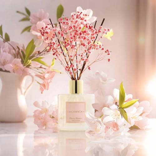 Image of COCORRINA Reed Diffuser - Cherry Blossom 6.7 Fl.oz Reed Diffuser Set with Sticks & Preserved Baby's Breath, Reed Diffuser for Home Bathroom Shelf Decor
