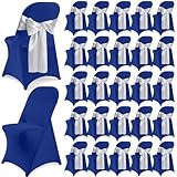 Lounsweer 50 Pcs Folding Chair Cover Set with 25 Stretch Spandex Chair Slipcovers 25 Satin Chair Sashes Bows Chair Ribbon Washable Banquet Chair Protector for Wedding Event(Royal Blue, Silver)