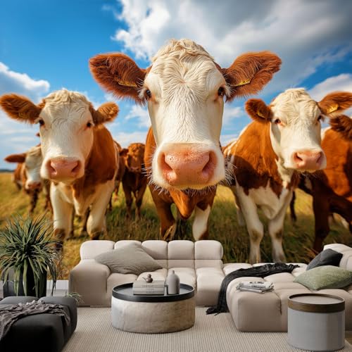 Générique Carta da parati panoramica animale mucca paesaggio naturale, carta da parati multicolore per camera da letto, murale per soggiorno, stanza dei bambini, decorazione da parete, 350 x 256 cm