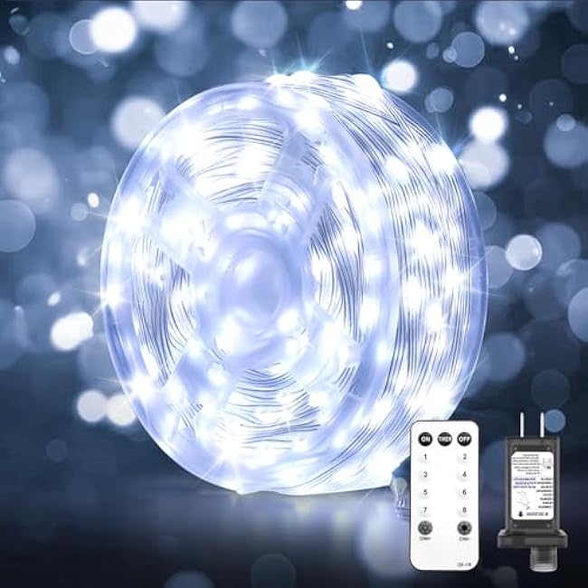 Christmas Twinkle Lights, 206FT 600 LED Outdoor String Lights, IP65 Waterproof, 8 Modes, Plug in Timing & Memory Functions, for Backyard, Garden- Cool White