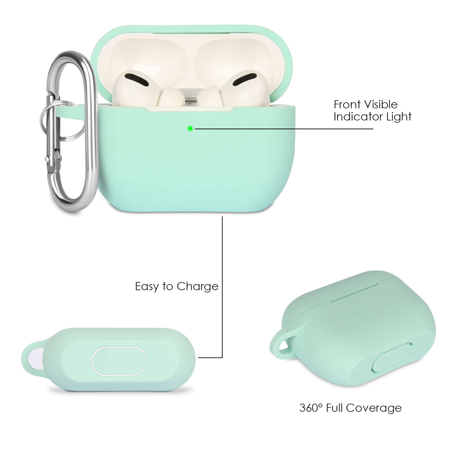 Case Cover Compatible with Airpods Pro, Soft Silicone Skin Case Cover Shock-Absorbing Protective Case for Airpods Pro 2019 with Carabiner, Front LED Visible, Turquoise — view 3