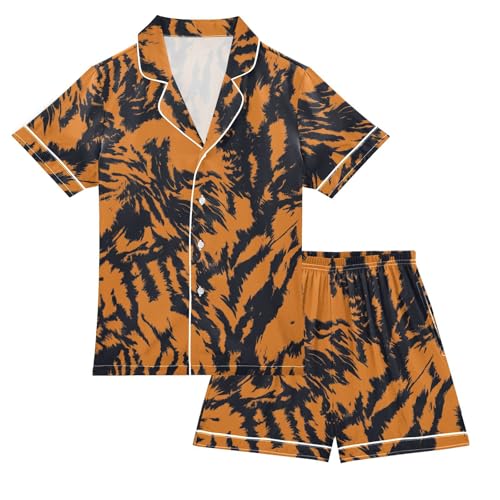 Satin Pajama Sets Short Sleeve Tiger Orange Black Pattern Button Down Silky Nightwear 2 Piece PJS 5-14Y