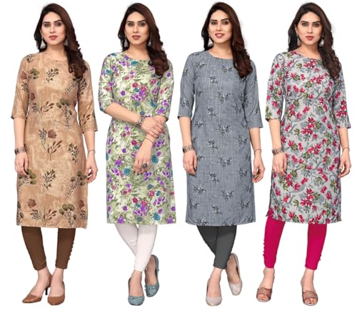 Image of JAKHANA Women's Crepe Printed Casual Straight Calf Length Round Nick Kurta Pack of 4