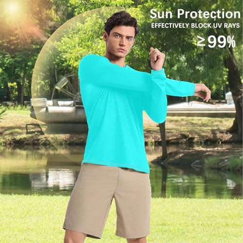 Cyan Blue Men's Swim Shirts UPF 50+ Loose Crew Neck Round Neck Mens Sun Protection Long Sleeve Summer4