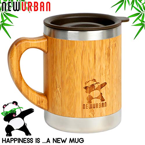 Reusable Stainless Steel Bamboo Eco Travel Mug with Lid and Handle - Thermos