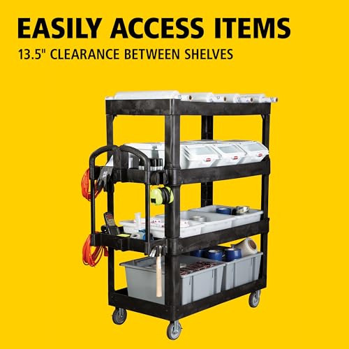 Image of New Rubbermaid Commercial Products 4-Shelf Utility /Service Quad Cart, Heavy Duty Large, Lipped Shelf, Ergonomic Handle, 700 lbs. Capacity, for Warehouse /Garage /Cleaning /Manufacturing (2128657) Black