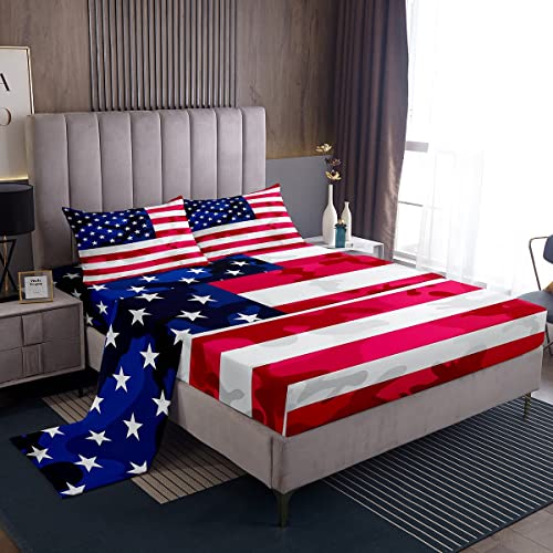 American Flag Bedding Set Camouflage USA Flag Fitted Sheet Army Camo Flag Bed Sheet Set for Children Kids Boys Girls Blue Red and White Stars Bed Cover Room Decor Bedding Sheet Twin Size 3Pcs