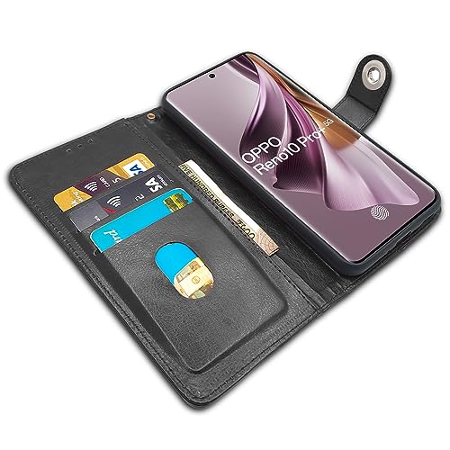 Image of Pikkme Oppo Reno 10 Pro Plus 5G Flip Cover Leather Finish | Inside TPU with Card Pockets | Wallet Stand and Shock Proof | Complete Protection Button Flip Case (Black)