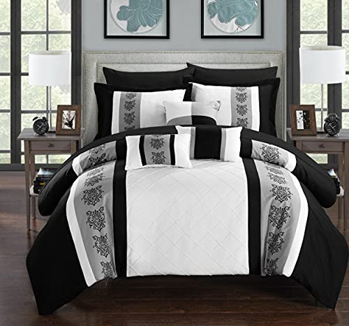 Chic Home Clayton 10 Comforter Pin Tuck Pieced Block Embroidery Bed in A Bag with Sheet Set Black, King, White Chic Home Clayton 10 Comforter Pin Tuck Pieced Block Embroidery Bed in A Bag with Sheet Set Black, King, White