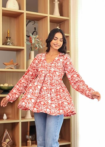 Image of LABEL ADRIJA Cotton V Neck Anarkali Short Kurti for Women Full Sleeve Floral Print | Short Kurtis for Women on Jeans