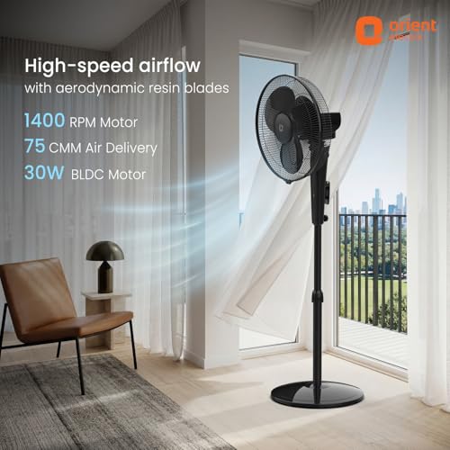 Image of Orient Electric Harrier BLDC Stand Fan with Remote | Energy Saving Fan, Whisper Quiet 52 dB Operation | 90 Oscillation, Tilt & Height Adjustment | 2 Year Warranty, Black
