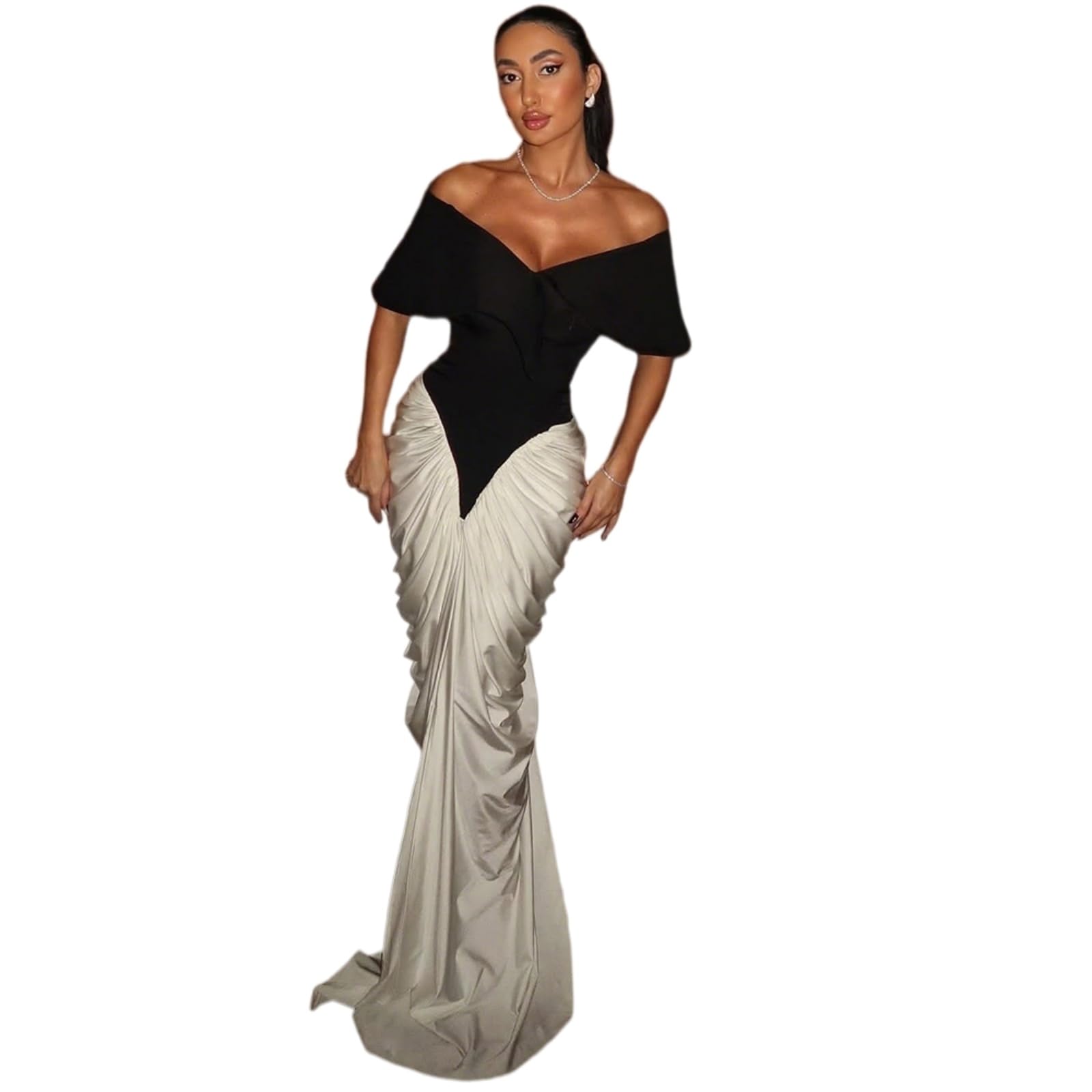 Vestito Donna Elegante Fuori Spalla Maxi Abito Contrasto Patchwork Ruched da Sera Senza Schienale per Party Wear-White-l