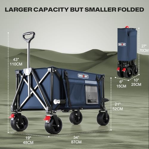 Overmont Faltbar Bollerwagen Klappbar Handwagen - Alle Gelände Breite Räder - 150L mit Seitentaschen Getränkehalter Verstellbarem Griff - bis 150 kg Tragkraft - für Camping Sport Einkaufen Grün