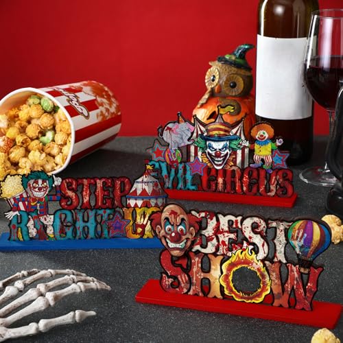 Image of Yuntau 6 Pcs Halloween Carnival Party Decorations Horror Blood Circus Clown Table Centerpiece Scary Carnival Circus Theme Wooden Table Sign for Indoor Horror Evil Halloween Party Decorations Supplies