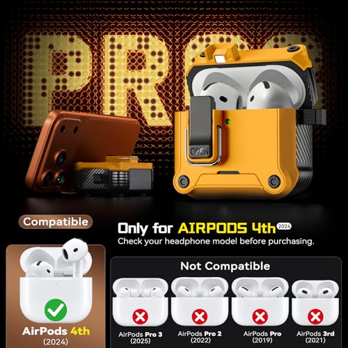 Image of Inesore for AirPods 4 Case with Secure Lock (Yellow) | Phone Stand Design,Compatible with MagSafe,Automatic Snap Switch Secure Cover with Cleaner Kit & Keychain