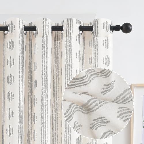 Rideaux semi-transparents rayés lin bohème gris beige 127x243