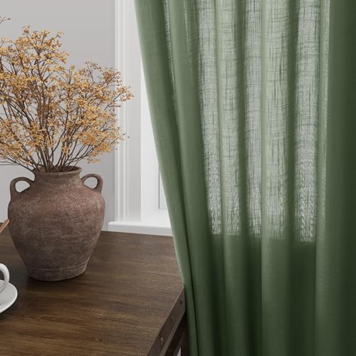 Image of Extra Long Curtains 2 Panels 102 Inches Long for Living Room Olive Green Back Tab Rod Pocket Light Filtering Semi Sheer Drapes Cotton Linen Textured Window Curtain 102 Inch Length for Bedroom 9 FT