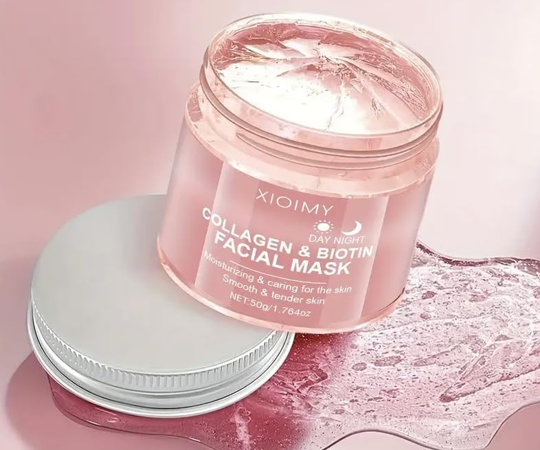 XIOIMY Hydrating Collagen Biotin Face Mask, Day and Night Face Mask with Jelly Texture, Vitamin C, Jojoba Oil, Peach Extract, 50g