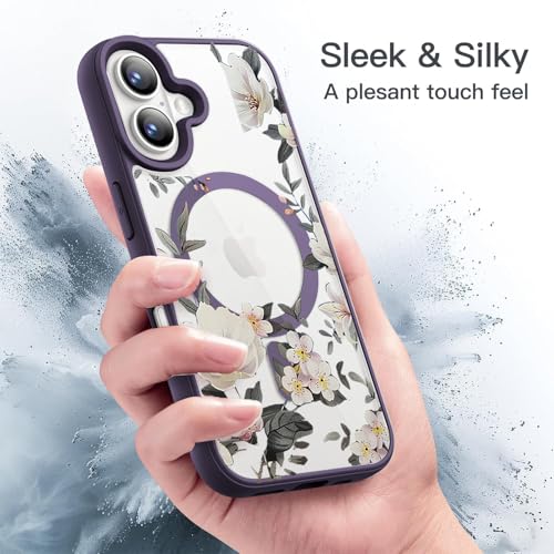 Image of VONZEE Back Cover Case Compatible with iPhone 17, Luxury Retro Flowers Floral Clear for Magnetic Wireless Charging Case Shockproof PC+TPU Cute Glossy Shiny Cover for Girls Women, 6.3'' Deep Purple