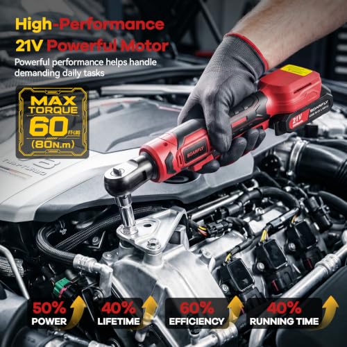 Image of SOARFLY 3 /8 inch Cordless Ratchet Wrench, Power Ratchet Tool Set, 60 Ft-Lbs(80N.m) Electric Ratchet Wrench with 2 * 2000mAh Lithium Batteries, 7 Sockets, LED Light, 1 /4 inch Adapter, 3 inch Extension Bar