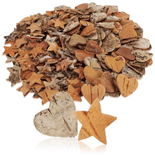 com-four® 200-teiliges Streudeko-Set Herzen und Sterne - Konfetti für Hochzeit & Party aus Birkenholz - Zubehör für DIY-Projekte - Naturholzscheibchen (200x Mix Birkenrinde)