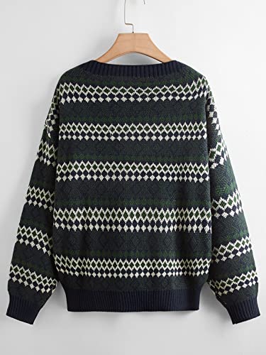 Makemechic Women's Plus Size Argyle Print Long Sleeve Vintage Pullover Sweater Multi2 1Xl #TOP1