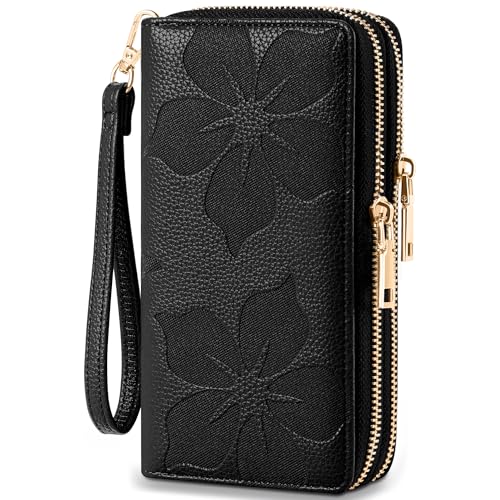 Espera Women Wallet RFID Blocking Large Capacity Card Holder Purse Double Zip Leather Designer Ladies Clutch with Wristlet