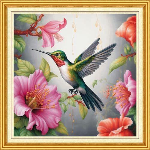 Image of DMCVIVR Stamped Cross Stitch Kits for Beginners Adults Needlepoint Kits for Beginners Embroidery Kits for Adults Crossstitch Kit for Beginners 11CT-Hummingbirds Gather Honey 18x18 inch, ArtKits08