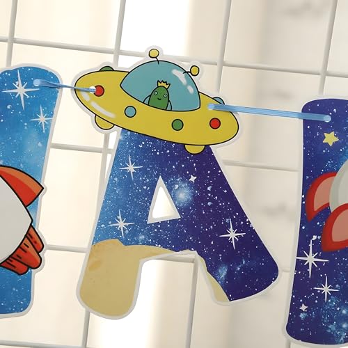 Image of Juzfun Happy Birthday Letter Banner Space Themed Alphabet Letters Wall Hanging Decoration Glossy Paper Material