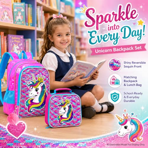 Image of CCJPX 3Pcs Unicorn Backpack, 16 inch Girls Sequin Bookbag with Lunch Box, Kids Water Resistant Elementary School Bag for Kindergarten Preschool Toddler (Rose)