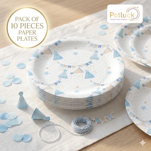 Image of Potluck Birthday Celebrations Disposable Paper Plates, 9 Inch Food Grade Tableware for Parties, Events, Snacks & Meal Serving Pack