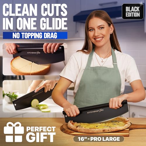 Image of KitchenStar 16 inch Black Non-Stick Pizza Cutter | Sharp Stainless Steel Rocker Blade | Protective Cover | Dishwasher Safe