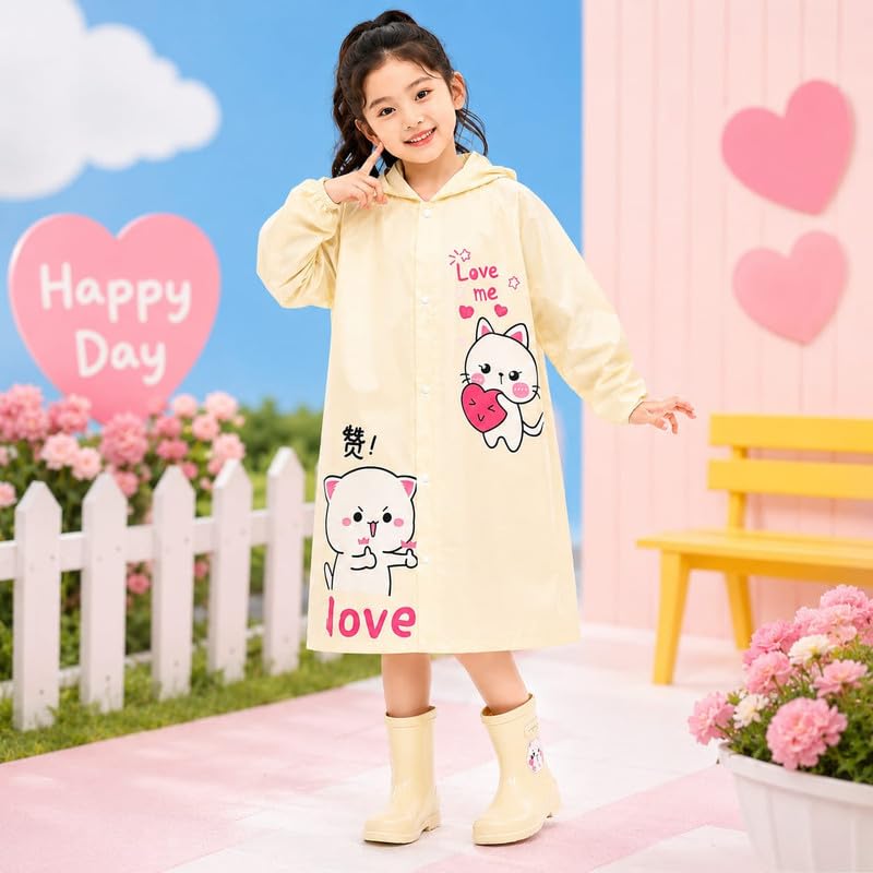 Krystle Girls Waterproof Raincoat with School Bag Cover | Cute Cat Print Hooded Rain Wear for Kids | Full Length Rain Coat (Yellow,10-11 Years) 3
