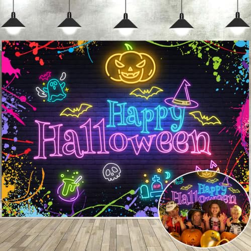 Happy Halloween Backdrop Neon Halloween Colorful Splatter Graffiti Decor