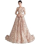 Ikerenwedding Women's Scoop Sequins Long Sleeves Lace-up Prom Ball Gown